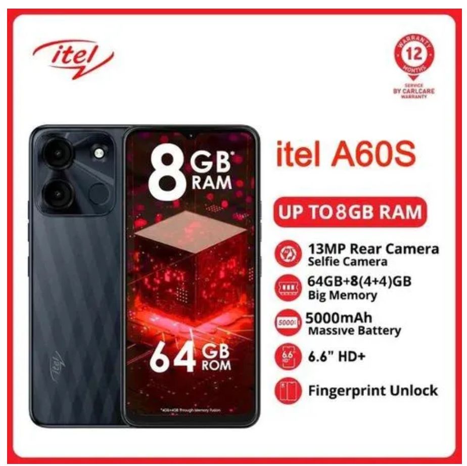 NEW ARRIVALS!!! Itel A60s Dual SIM 128GB+8(4+4)GB RAM 13MP Camera 5000mAh 6.6 Inch HD + Waterdrop Full Screen Phone Fingerprint and Face Unlock Smartphones