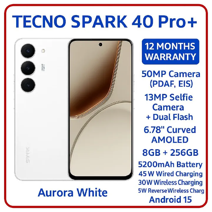 BRAND NEW Tecno Spark 40 PRO PLUS 256GB ROM+8GB RAM 6.78'' AMOLED SCREEN (Dual Sim) 50MP Camera + 13MP SELFIE CAMERA 5200 MAh BATTERY CAPACITY 45W Fast charging ANDROID 15
