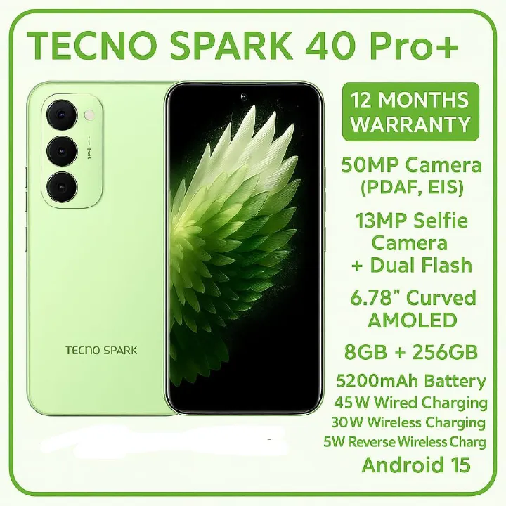 BRAND NEW Tecno Spark 40 PRO PLUS 256GB ROM+8GB RAM 6.78'' AMOLED SCREEN (Dual Sim) 50MP Camera + 13MP SELFIE CAMERA 5200 MAh BATTERY CAPACITY 45W Fast charging ANDROID 15