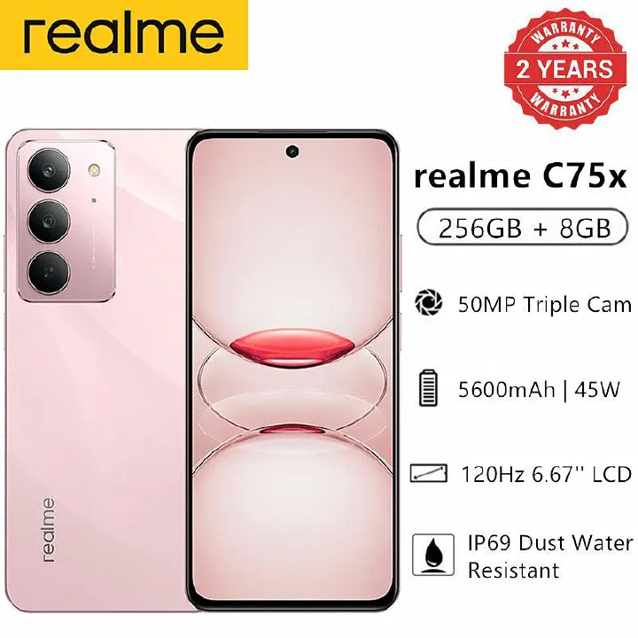 New Arrival Realme C75x 256GB +16(8+8)GB IP69 Dust Water Resistant 6.72'' 120Hz 5600mAh 45W 50MP Camera Mediatek Helio G81 Ultra (12nm) Android 15 Type-C Dual Sim Smart Phones Side Fingerprint phone