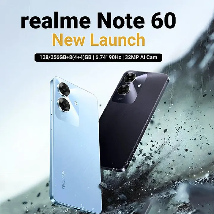 Realme Note 60 128GB ROM +8(4+4)GB RAM 6.74" 90Hz 32MP AI Camera IP64 Dust Water Proof 5000mAh Ultra Slim Android 14 Dual SIM Smart Phones Side Fingerprint phone