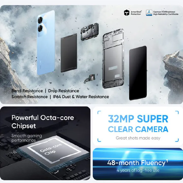 Realme Note 60 128GB ROM +8(4+4)GB RAM 6.74" 90Hz 32MP AI Camera IP64 Dust Water Proof 5000mAh Ultra Slim Android 14 Dual SIM Smart Phones Side Fingerprint phone