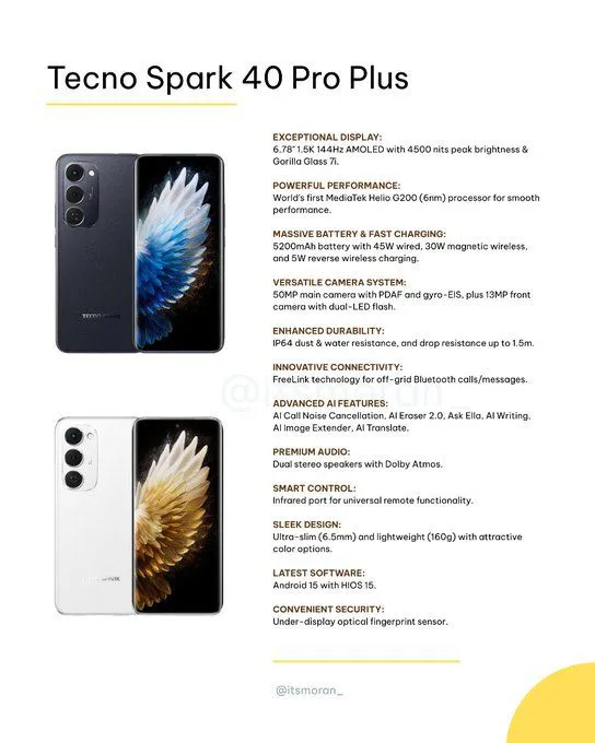 BRAND NEW Tecno Spark 40 PRO PLUS 256GB ROM+8GB RAM 6.78'' AMOLED SCREEN (Dual Sim) 50MP Camera + 13MP SELFIE CAMERA 5200 MAh BATTERY CAPACITY 45W Fast charging ANDROID 15