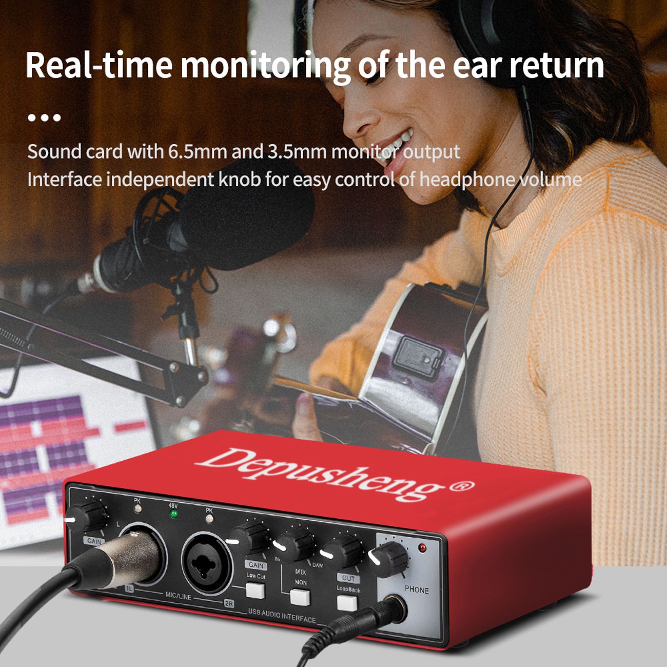 Depusheng MD22 professional 24bit 192kHz external studio audio sound card usb audio interface for live recording and karaoke