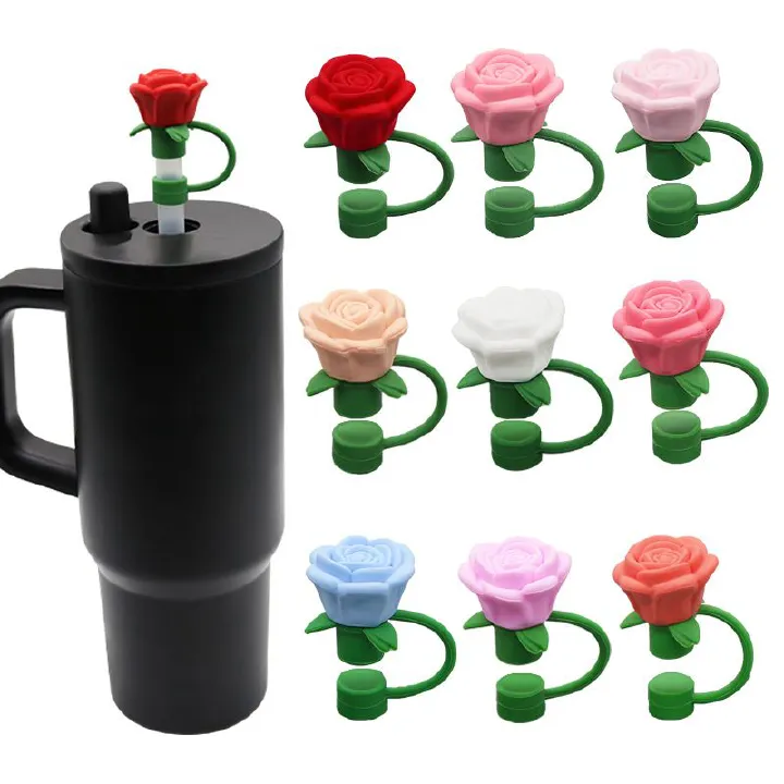 Cute Rose Straw Covers Caps Accessories For Stanley Tumbler Cup 40oz Kawaii Silicone Flower Thermos Straw Topper For 10mm Straws