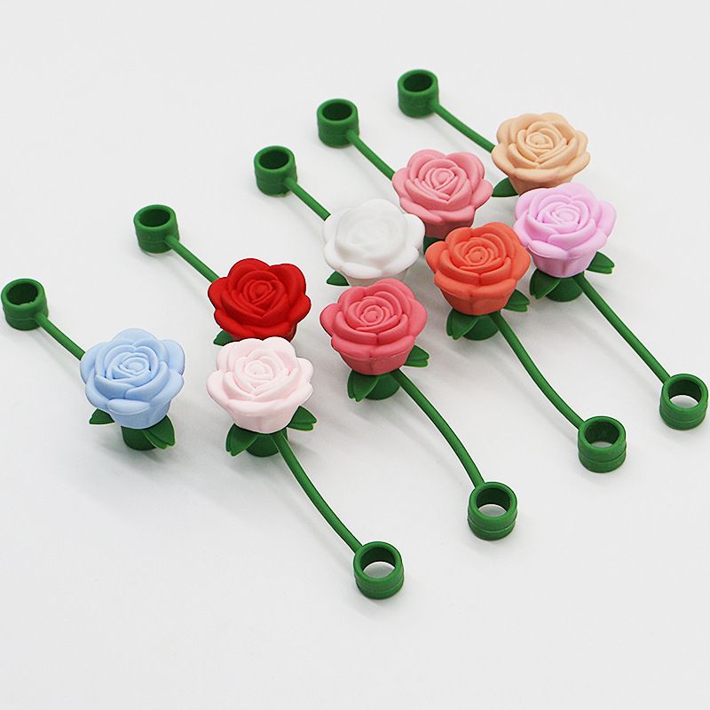 Cute Rose Straw Covers Caps Accessories For Stanley Tumbler Cup 40oz Kawaii Silicone Flower Thermos Straw Topper For 10mm Straws