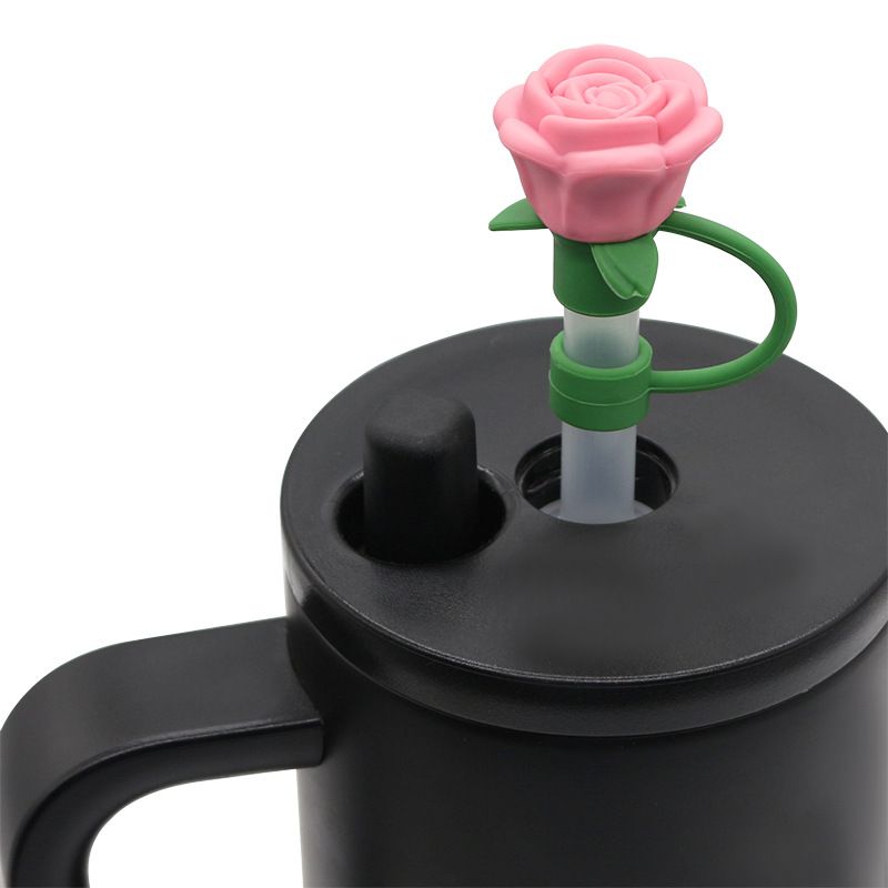 Cute Rose Straw Covers Caps Accessories For Stanley Tumbler Cup 40oz Kawaii Silicone Flower Thermos Straw Topper For 10mm Straws