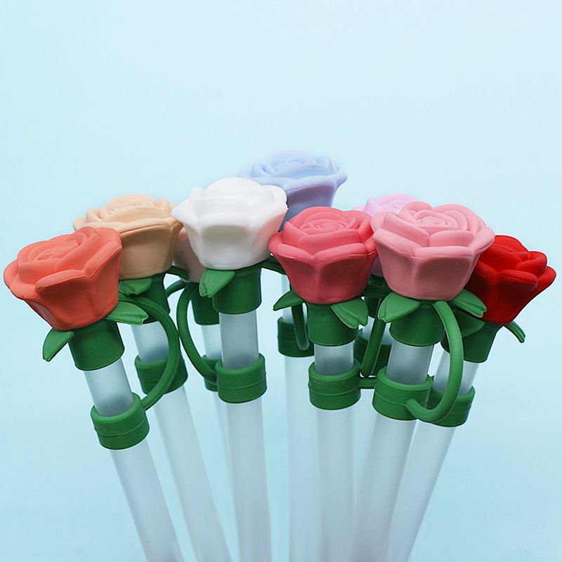 Cute Rose Straw Covers Caps Accessories For Stanley Tumbler Cup 40oz Kawaii Silicone Flower Thermos Straw Topper For 10mm Straws