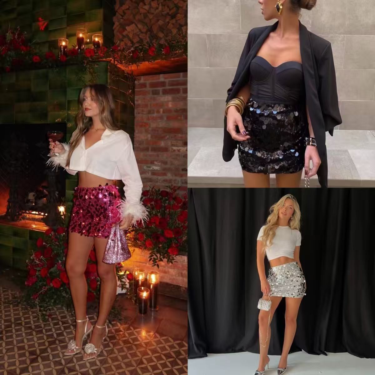 2023 New Sequin Wrapped Hip Mini Sexy Short Skirt Women, shiny high-waist design, slim fit to show body curve, suitable for party, club, night out and daily casual wear, stylish and eye-catching