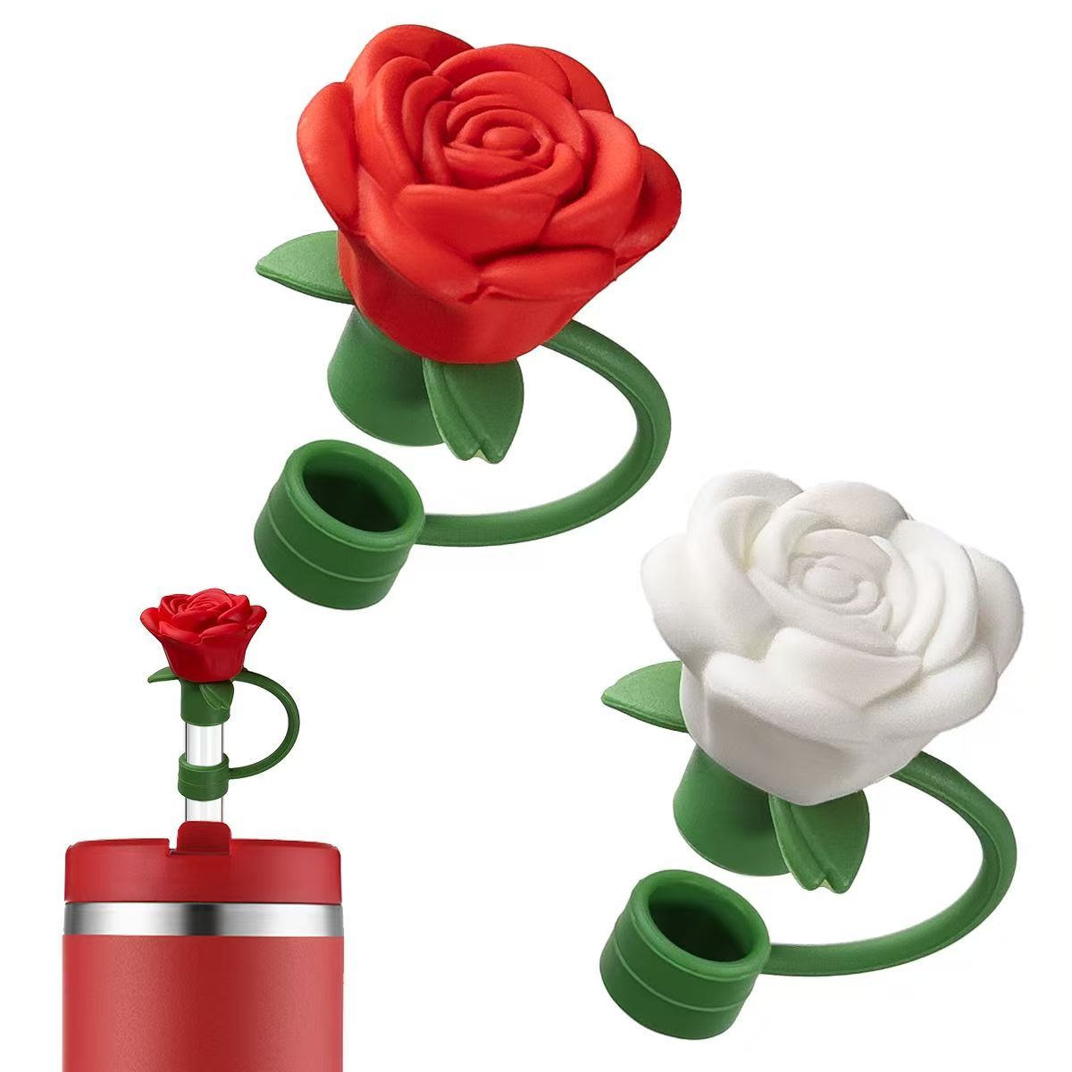 Cute Rose Straw Covers Caps Accessories For Stanley Tumbler Cup 40oz Kawaii Silicone Flower Thermos Straw Topper For 10mm Straws