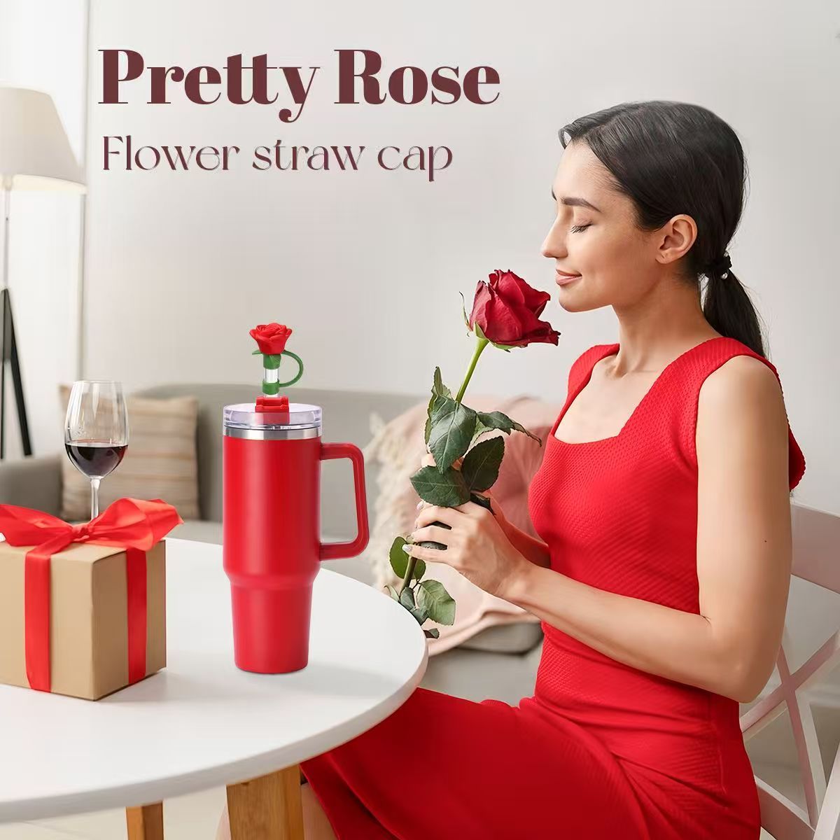 Cute Rose Straw Covers Caps Accessories For Stanley Tumbler Cup 40oz Kawaii Silicone Flower Thermos Straw Topper For 10mm Straws