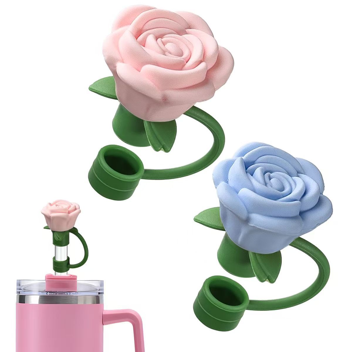 Cute Rose Straw Covers Caps Accessories For Stanley Tumbler Cup 40oz Kawaii Silicone Flower Thermos Straw Topper For 10mm Straws