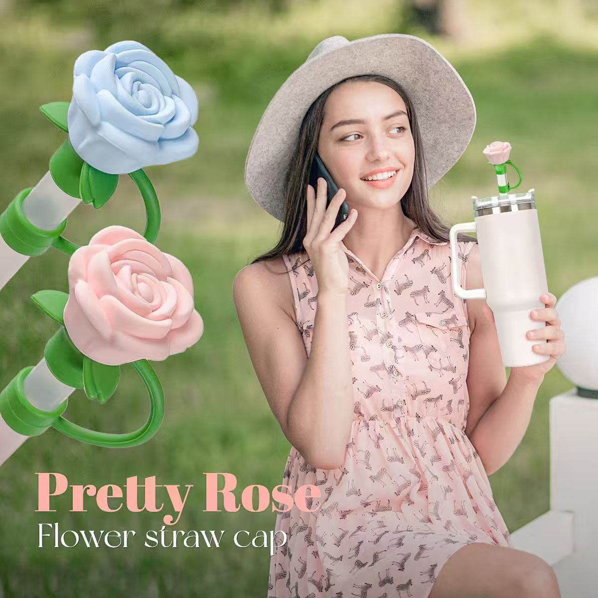 Cute Rose Straw Covers Caps Accessories For Stanley Tumbler Cup 40oz Kawaii Silicone Flower Thermos Straw Topper For 10mm Straws