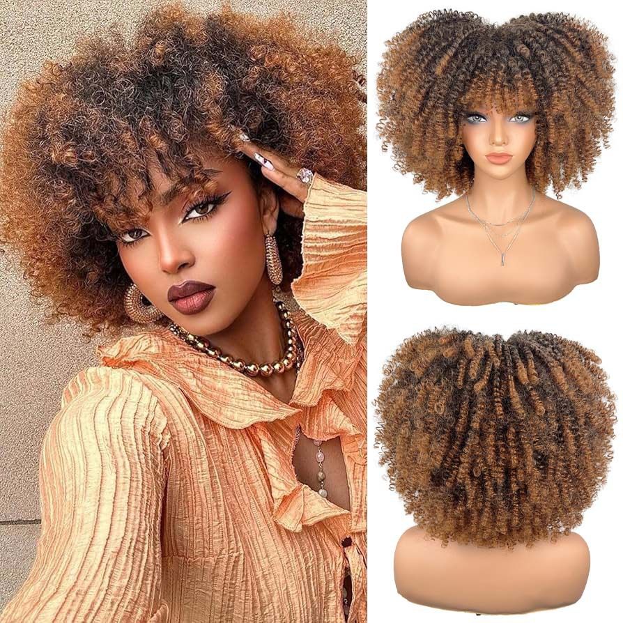 Super Fluffy Short Kinky Curly Wig - Natural Afro Look for Black Women, Easy Care Heat Resistant Synthetic Hair