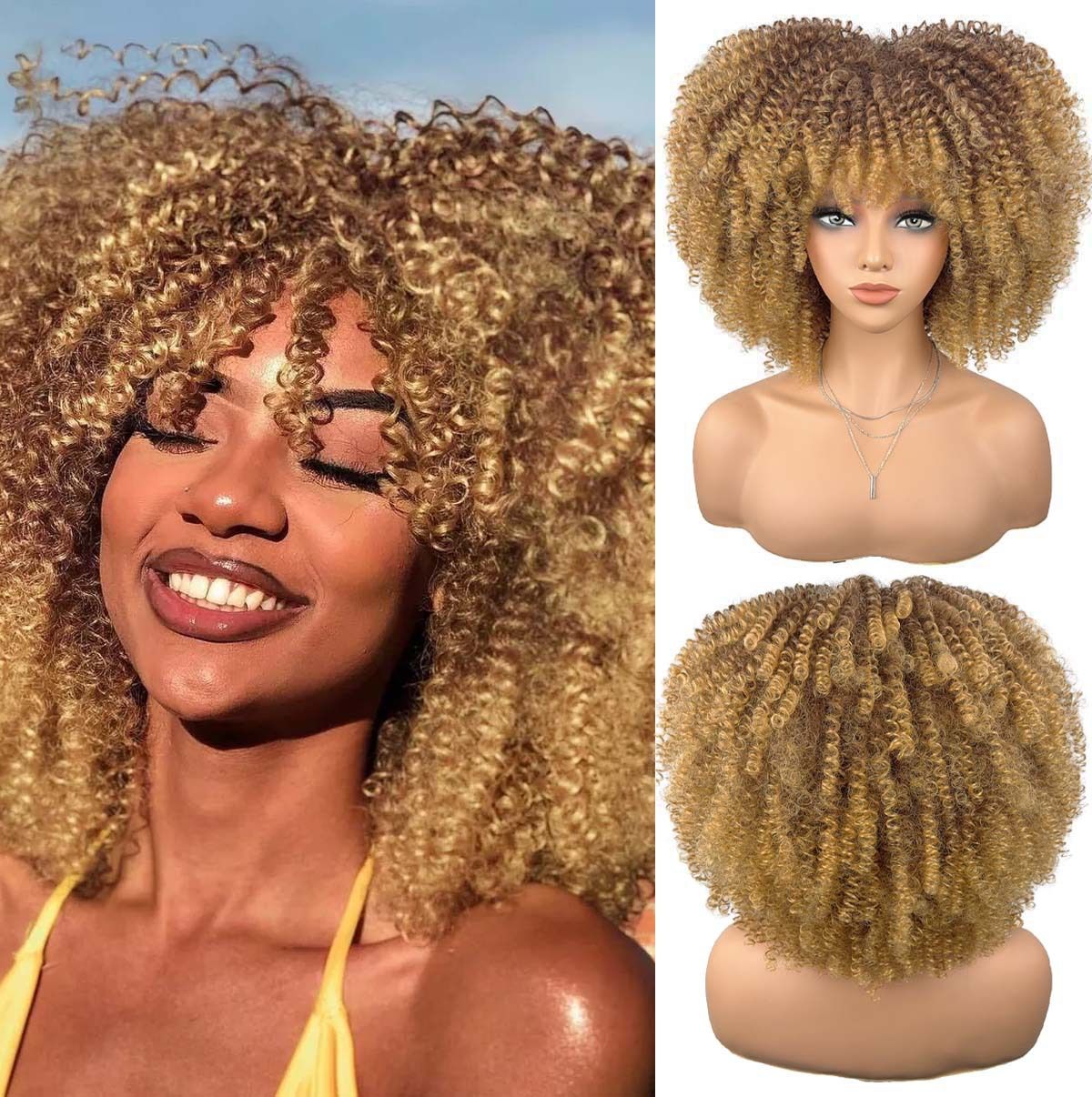 Super Fluffy Short Kinky Curly Wig - Natural Afro Look for Black Women, Easy Care Heat Resistant Synthetic Hair