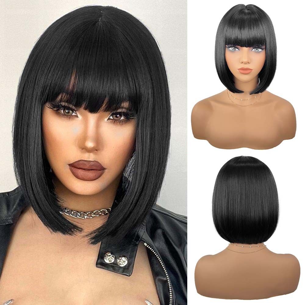 Korean Bob Wig with Straight Bangs for Black Women - Heat Resistant Synthetic Hair & Adjustable T-Part Lace Cap