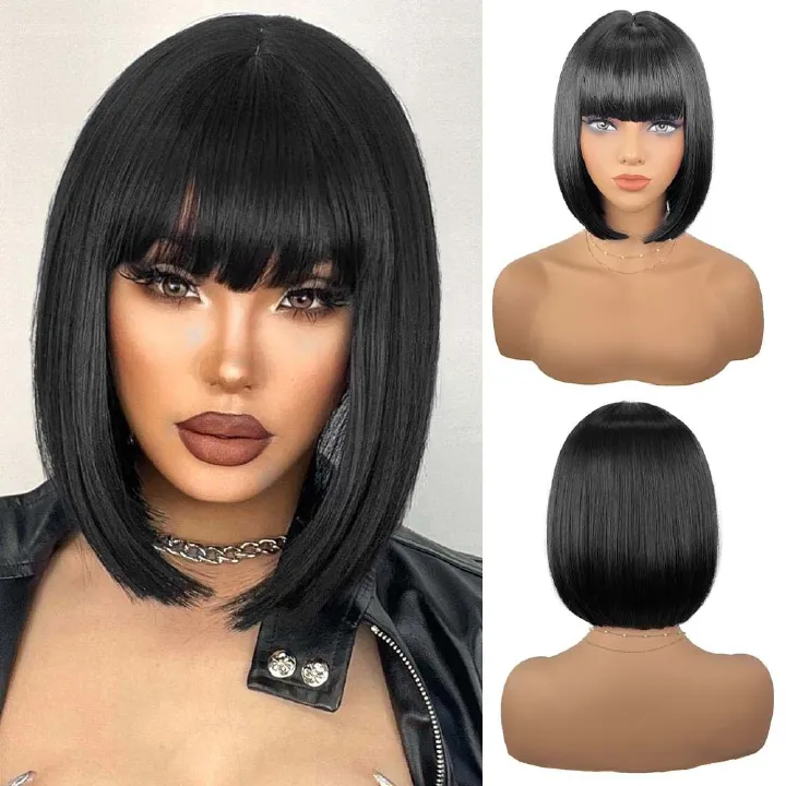 Korean Bob Wig with Straight Bangs for Black Women - Heat Resistant Synthetic Hair & Adjustable T-Part Lace Cap
