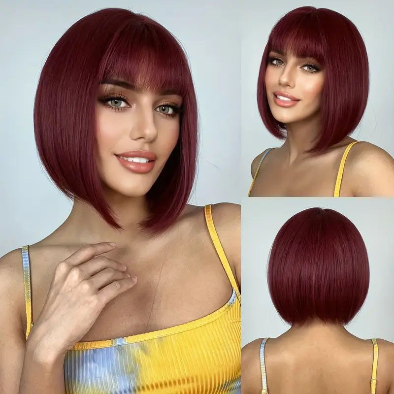 Korean Bob Wig with Straight Bangs for Black Women - Heat Resistant Synthetic Hair & Adjustable T-Part Lace Cap