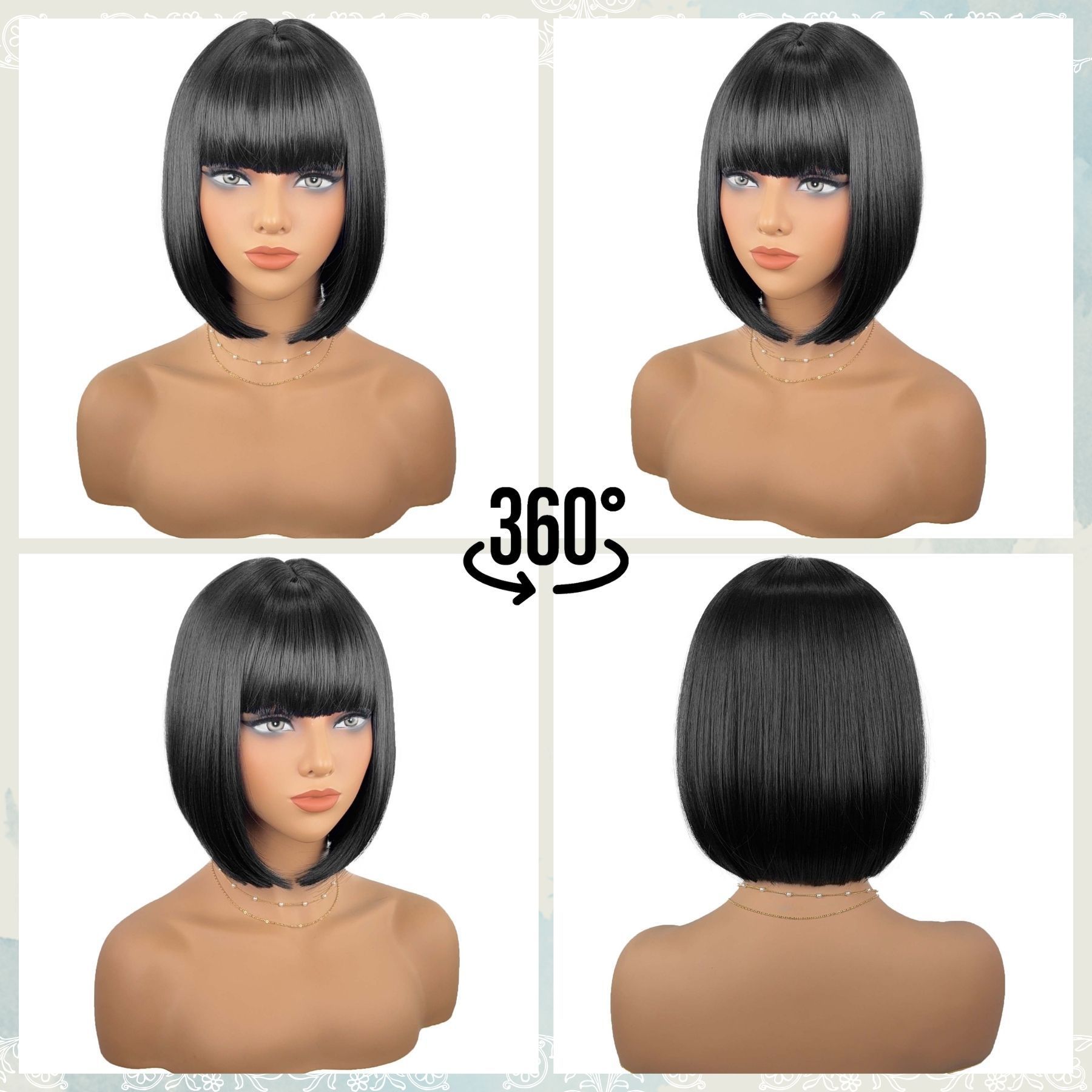 Korean Bob Wig with Straight Bangs for Black Women - Heat Resistant Synthetic Hair & Adjustable T-Part Lace Cap