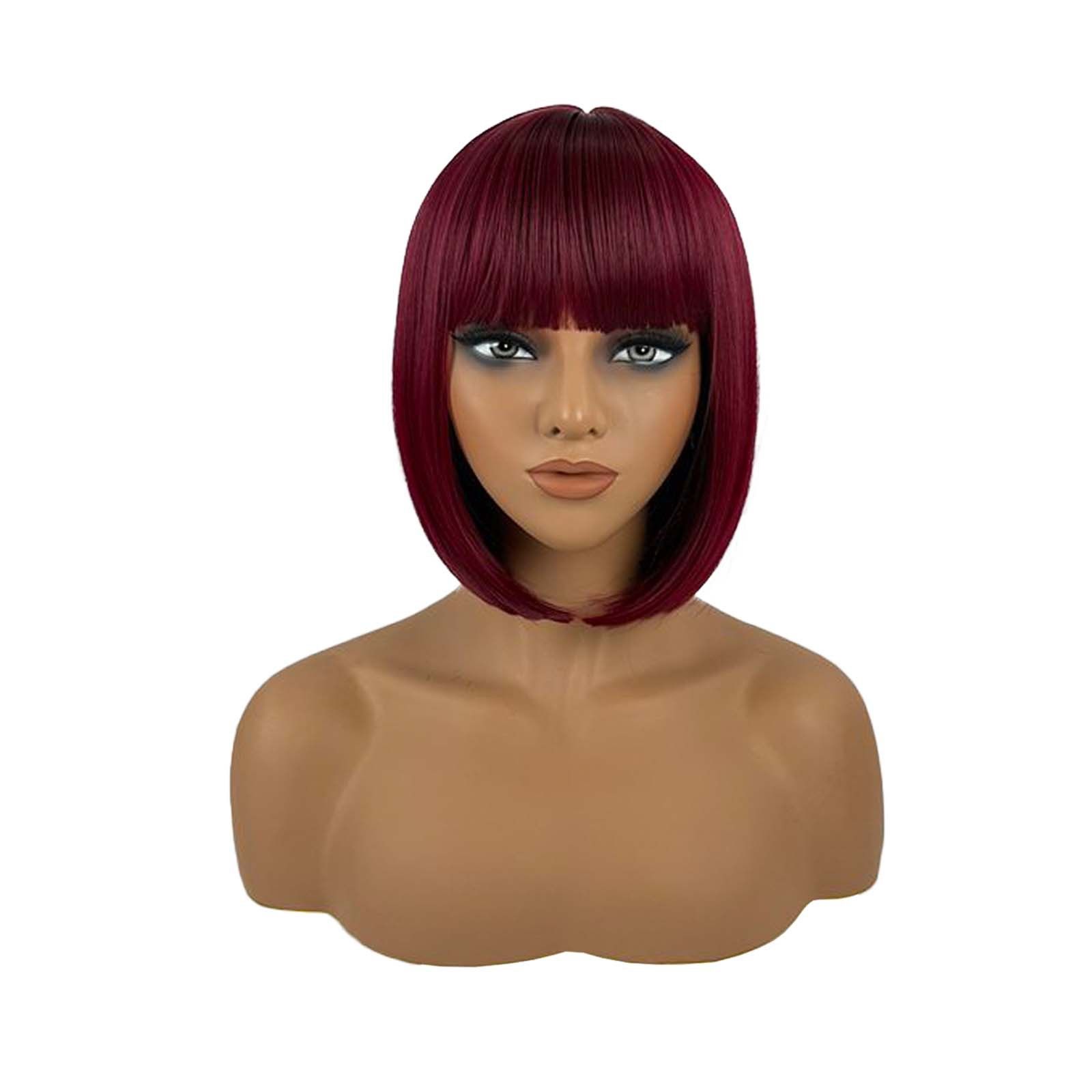 Korean Bob Wig with Straight Bangs for Black Women - Heat Resistant Synthetic Hair & Adjustable T-Part Lace Cap