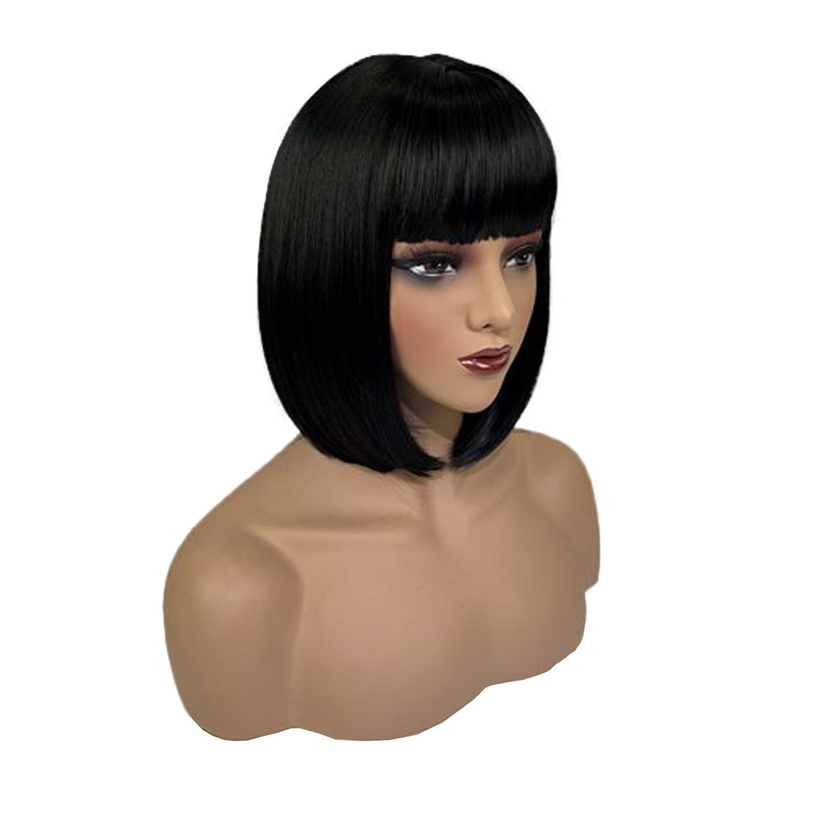 Korean Bob Wig with Straight Bangs for Black Women - Heat Resistant Synthetic Hair & Adjustable T-Part Lace Cap