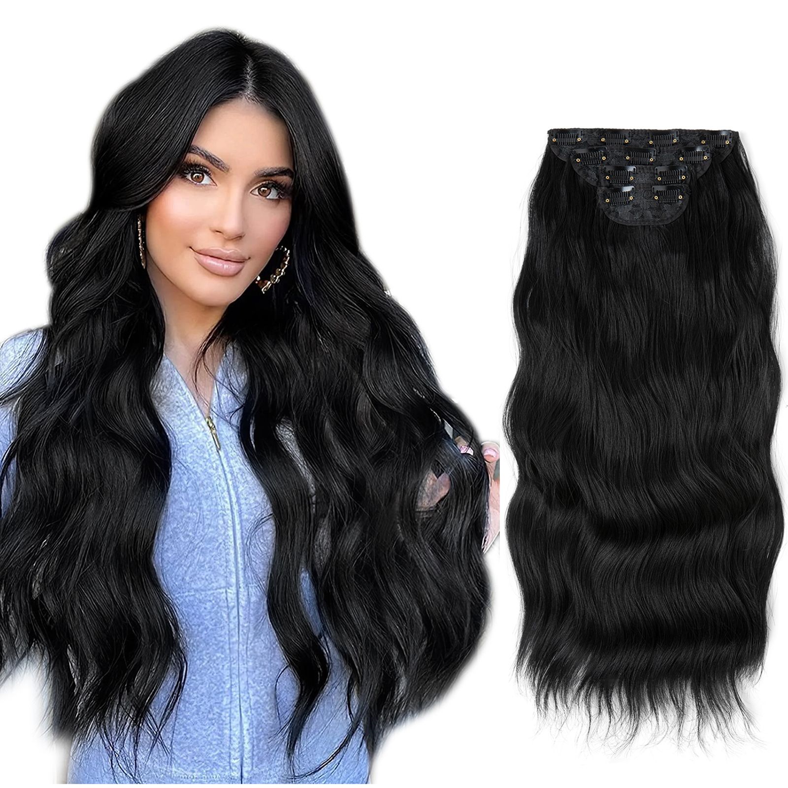 Water Wave Clip-in Hair Extensions - Set for Black Women | Heat Resistant Synthetic Bundles with Seamless Blend