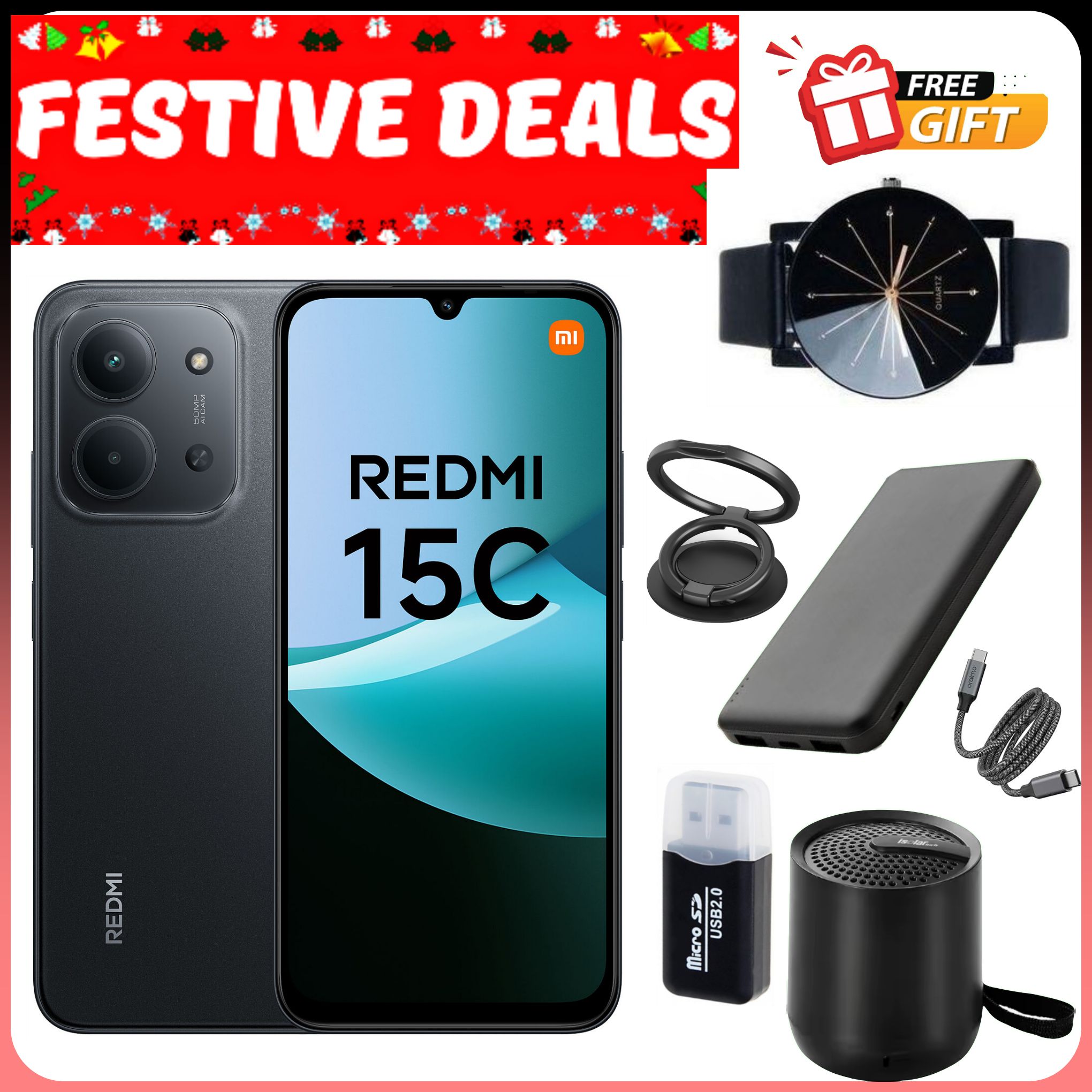 FESTIVE SEASON DEALS!!! REDMI 15C 128GB/256GB ROM +8(4+4)GB/16(8+8)GB RAM 6.9'' LCD 50MP Main Camera 8MP selfie camera 6000mAh 33W Fast Charger Android 15 Side Fingerprint -Smartphones+FREEBIES