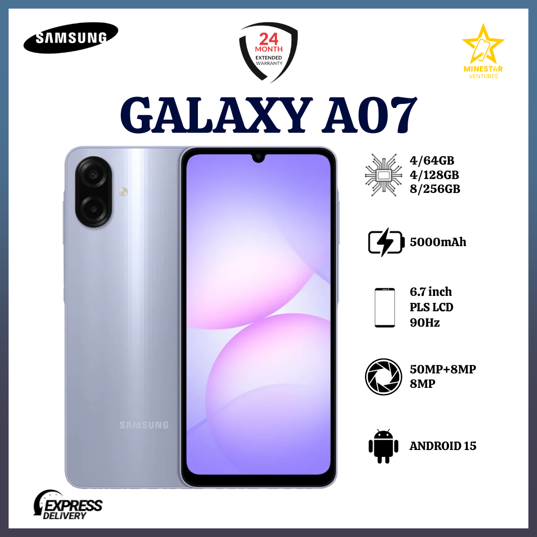 [Black Friday Deals] Samsung Galaxy A07 6.7" IPS LCD Screen, 4GB RAM+64GB ROM, 5000mAh Battery, 50MP Cameras, Android 15, Dual SIM, 25W Fast Charger, Side Fingerprint - Smartphones+FREEBIES