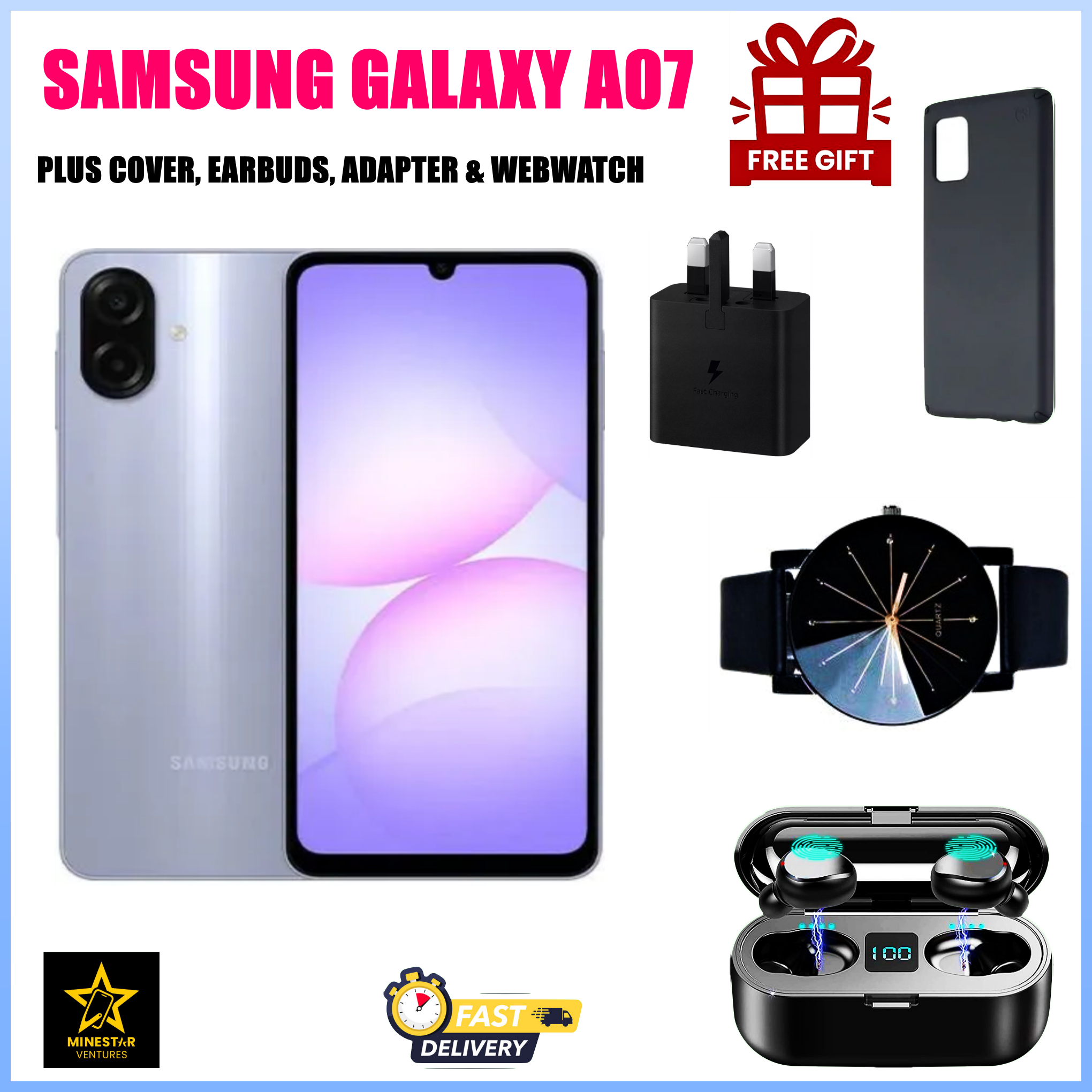 [Black Friday Deals] Samsung Galaxy A07 6.7" IPS LCD Screen, 4GB RAM+64GB ROM, 5000mAh Battery, 50MP Cameras, Android 15, Dual SIM, 25W Fast Charger, Side Fingerprint - Smartphones+FREEBIES