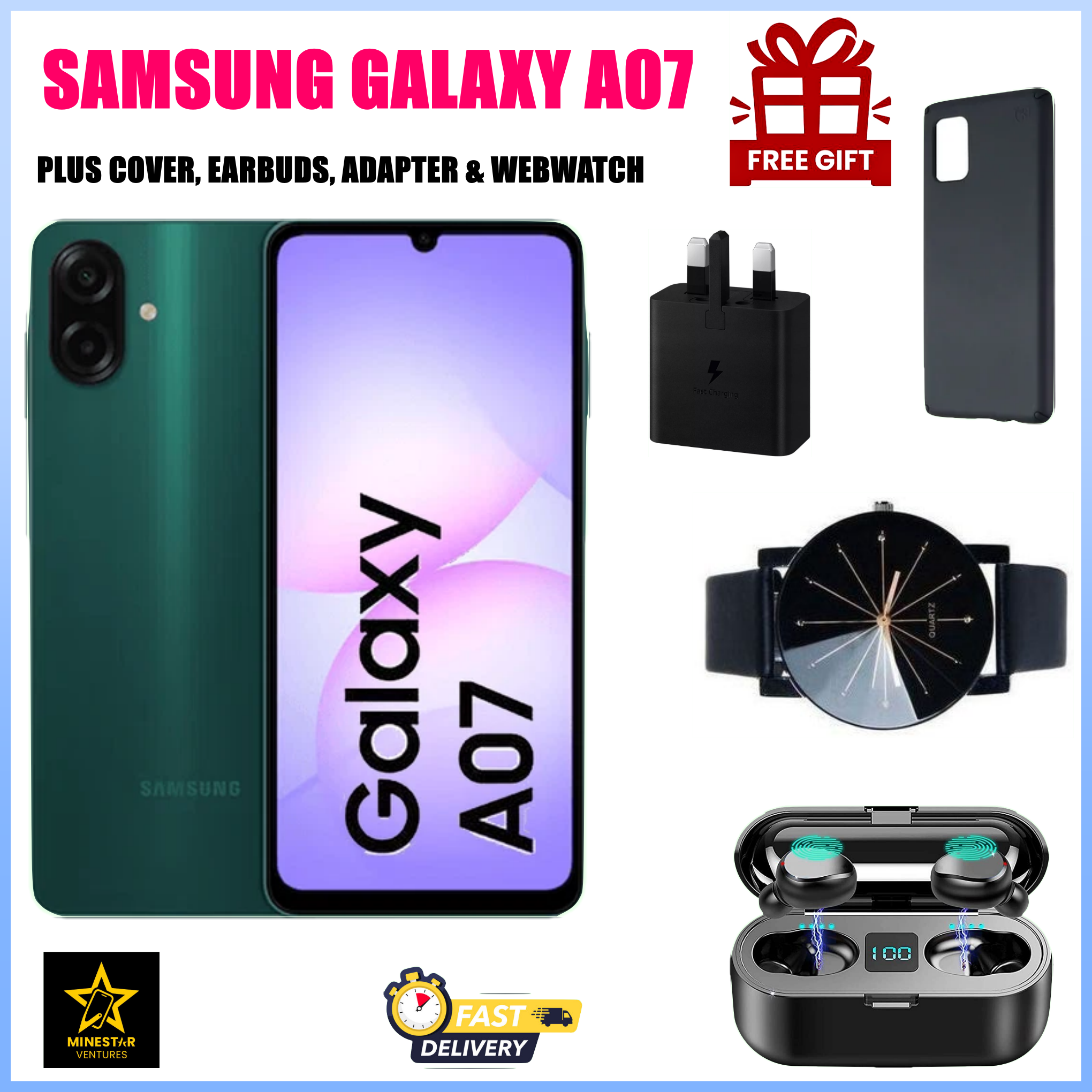 [Black Friday Deals] Samsung Galaxy A07 6.7" IPS LCD Screen, 4GB RAM+64GB ROM, 5000mAh Battery, 50MP Cameras, Android 15, Dual SIM, 25W Fast Charger, Side Fingerprint - Smartphones+ FREEBIES