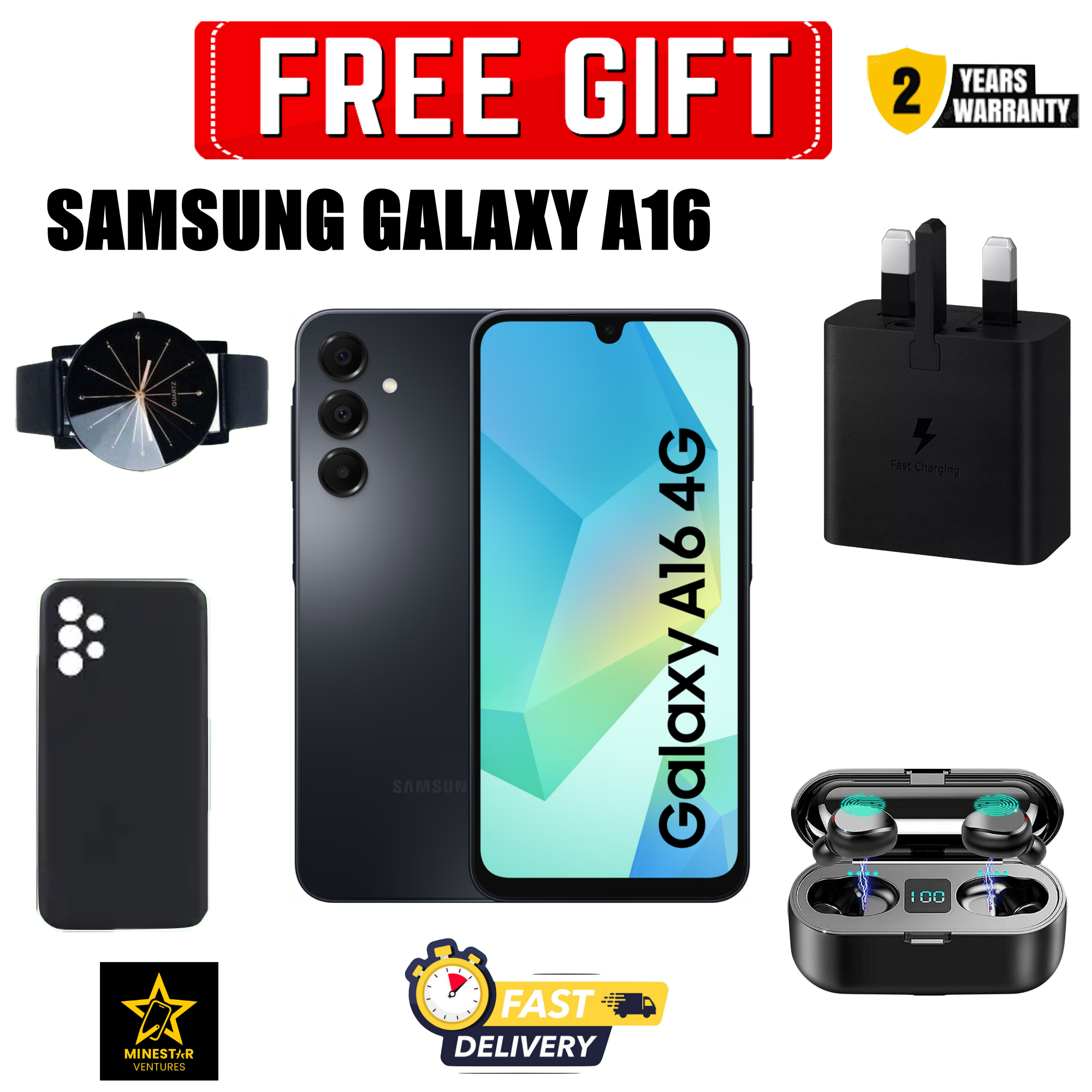 [DISCOUNT DEALS] Samsung Galaxy A16 4G 6.7" AMOLED Display, 4GB RAM+128GB ROM, 5000mAh Battery, 50MP Triple Rear & 13MP Front Cameras, Android 14, Dual SIM, Side Fingerprint - Smartphones +FREE GIFTS
