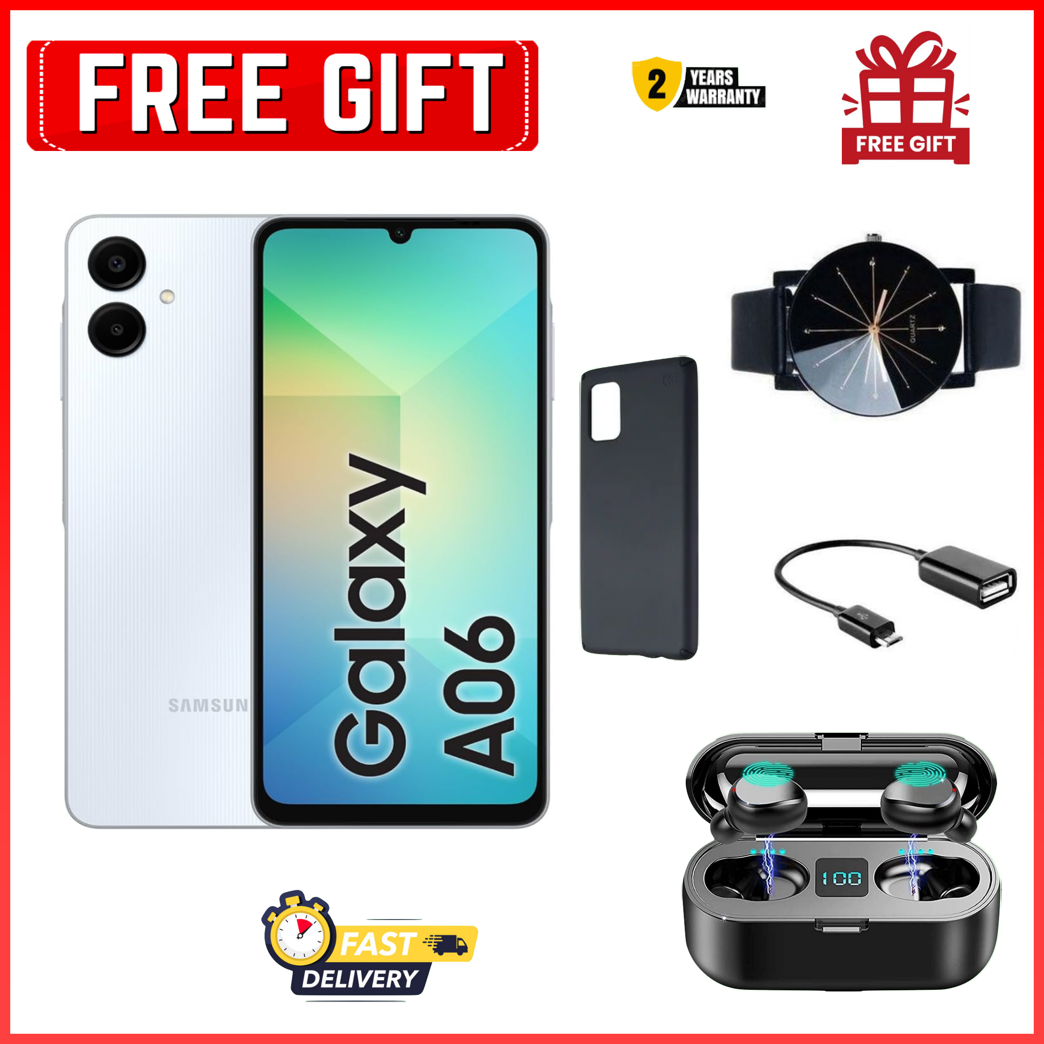 XMAS MEGA SALE!! Samsung Galaxy A06 128GB+4GB MTK Helio G85 (12nm) 50MP Dual Camera 6.7" Large Display 5000mAh 25W Type-C Charge Android 14 Smart Phones Side Fingerprint Unlock phone+FREE GIFTS