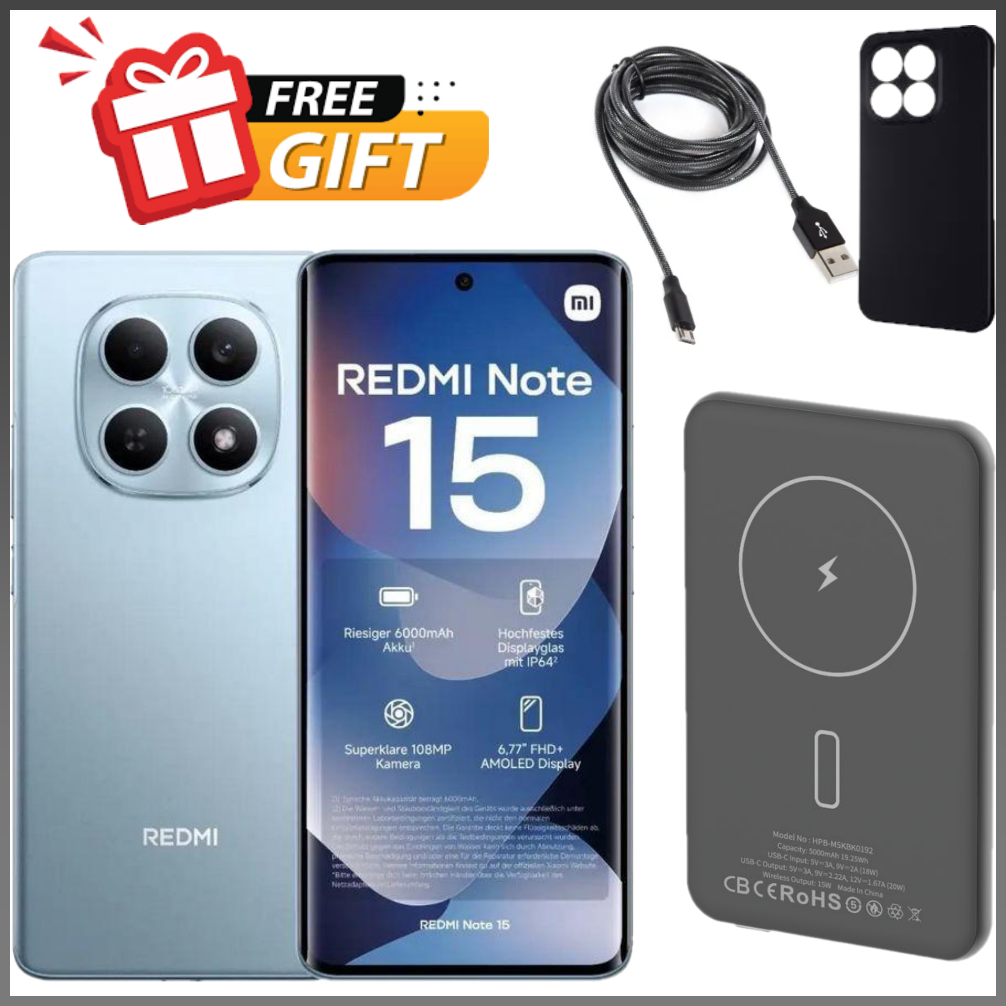 NEW ARRIVAL!! XIAMI REDMI Note 15 Smartphone 6.77" AMOLED Display 8GB +256GB Dual SIM 108MP main camera 20MP front camera 6000mAh battery 33W In-screen fingerprint 120Hz Splash and Dust Resistant