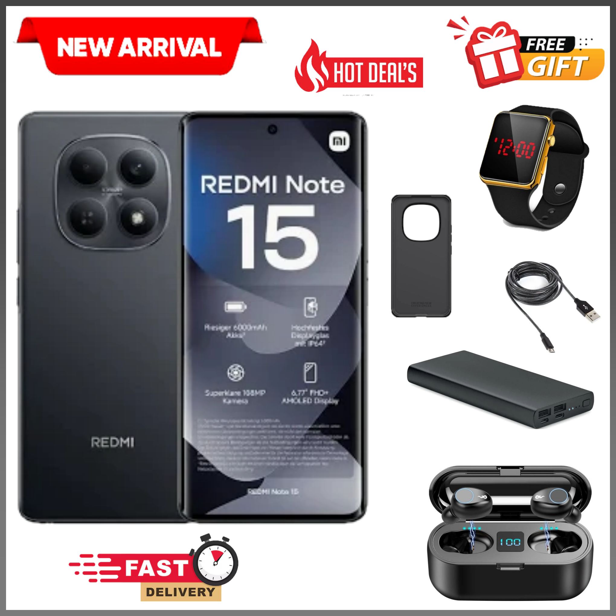 NEW ARRIVAL!! XIAMI REDMI Note 15 Smartphone 6.77" AMOLED Display 6GB +128GB Dual SIM 108MP main camera 20MP front camera 6000mAh battery 33W In-screen fingerprint 120Hz +FREEBIES