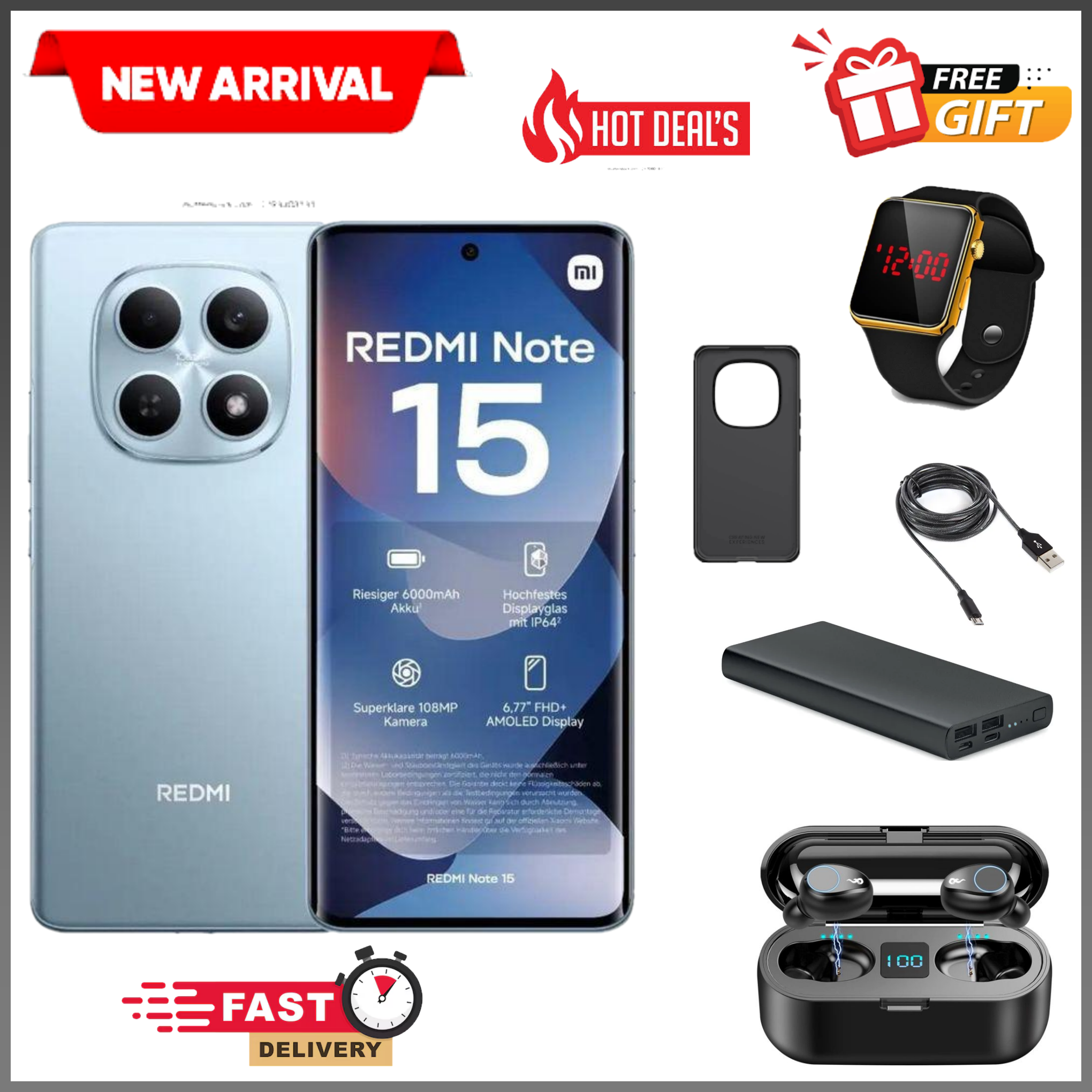 NEW ARRIVAL!! XIAMI REDMI Note 15 Smartphone 6.77" AMOLED Display 6GB +128GB Dual SIM 108MP main camera 20MP front camera 6000mAh battery 33W In-screen fingerprint 120Hz +FREEBIES