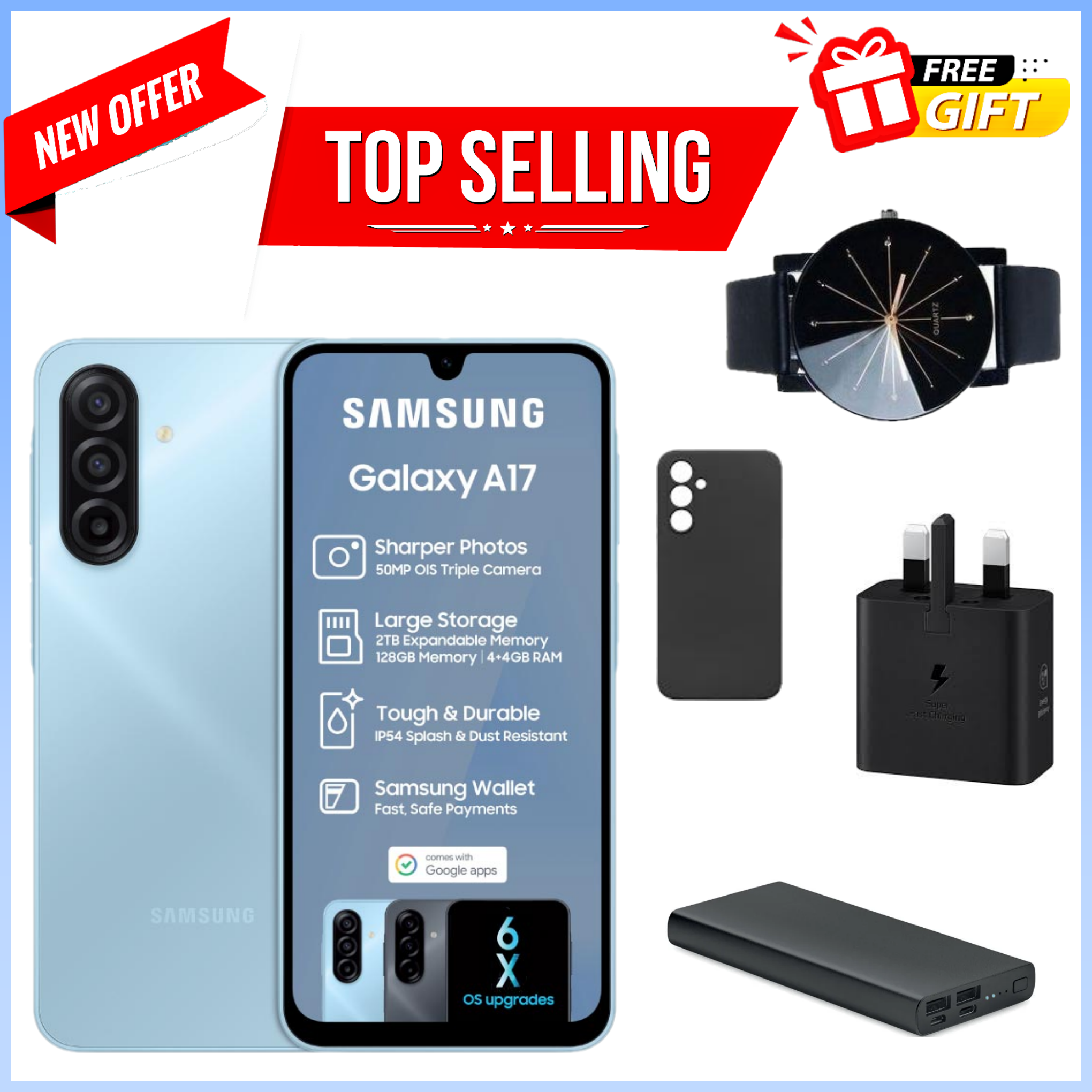 HOT DEALS!! Samsung Galaxy A17 128GB+4GB 6.7" Super AMOLED Display Mediatek Helio G99 50MP Triple Camera Android 15 IP54 Waterproof 5000mAh Samsung A17, A17 Samsung Smart Phones phone+FREEBIES