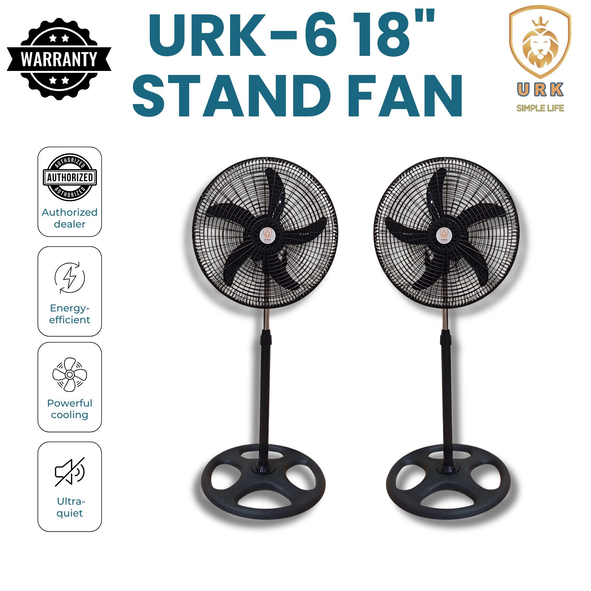 (2PCS) URK-6 Fan 18 Inch Floor Standing Fan with Height, Tilting Angle Adjustment support