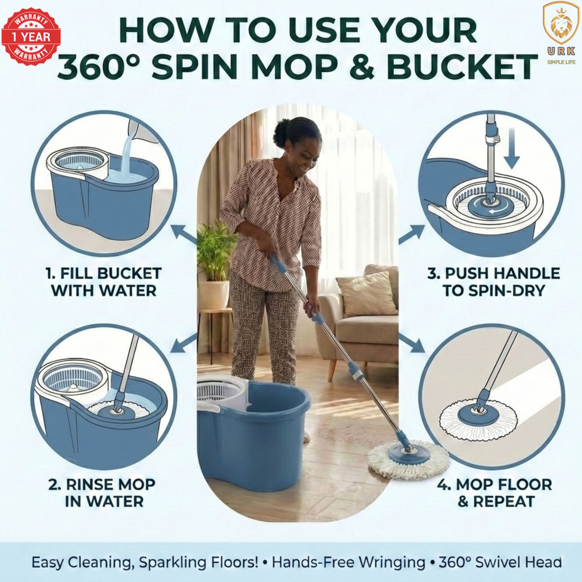 URK Magic Spin Mop 6 360° & Bucket – Lightweight Power with Plastic Spinner