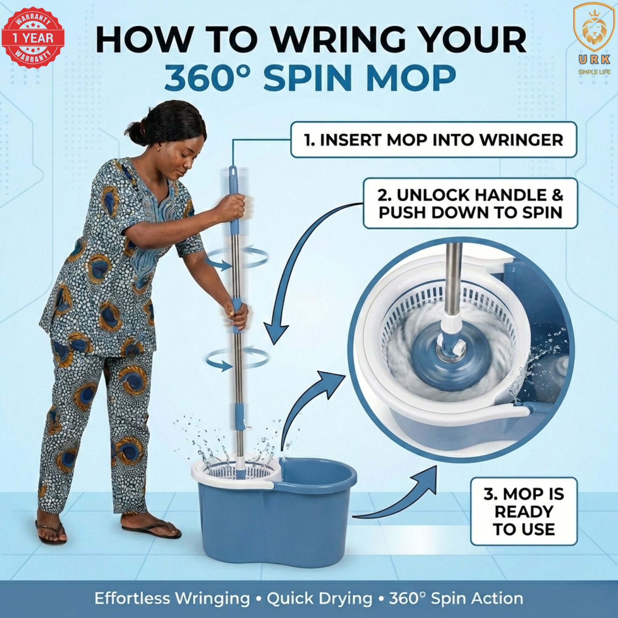 URK Magic Spin Mop 6 360° & Bucket – Lightweight Power with Plastic Spinner
