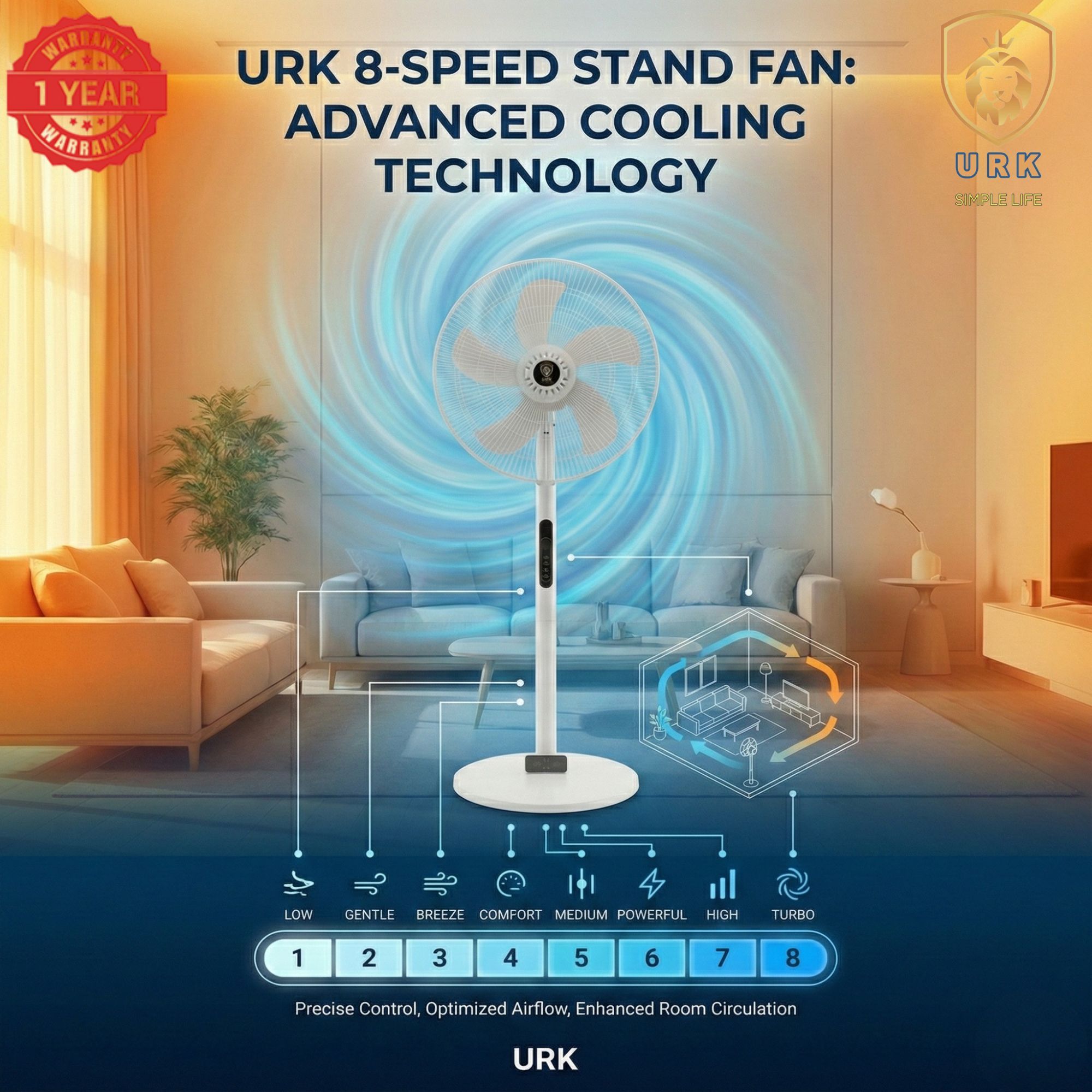 (2PCS) URK-8 Fan 16 Inch Floor Standing Fan with Height, Tilting Angle Adjustment support (2 PCS)