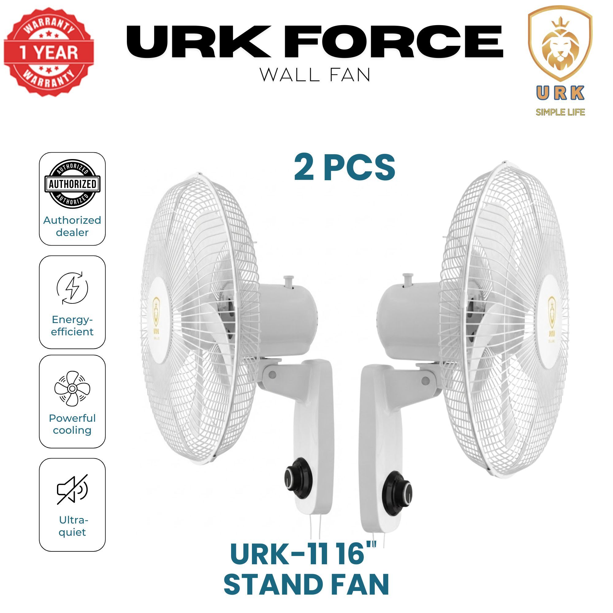 (2PCS) URK-11 16-Inch Wall Mounted Fan - High Power 60W - Super Quiet Operation - White