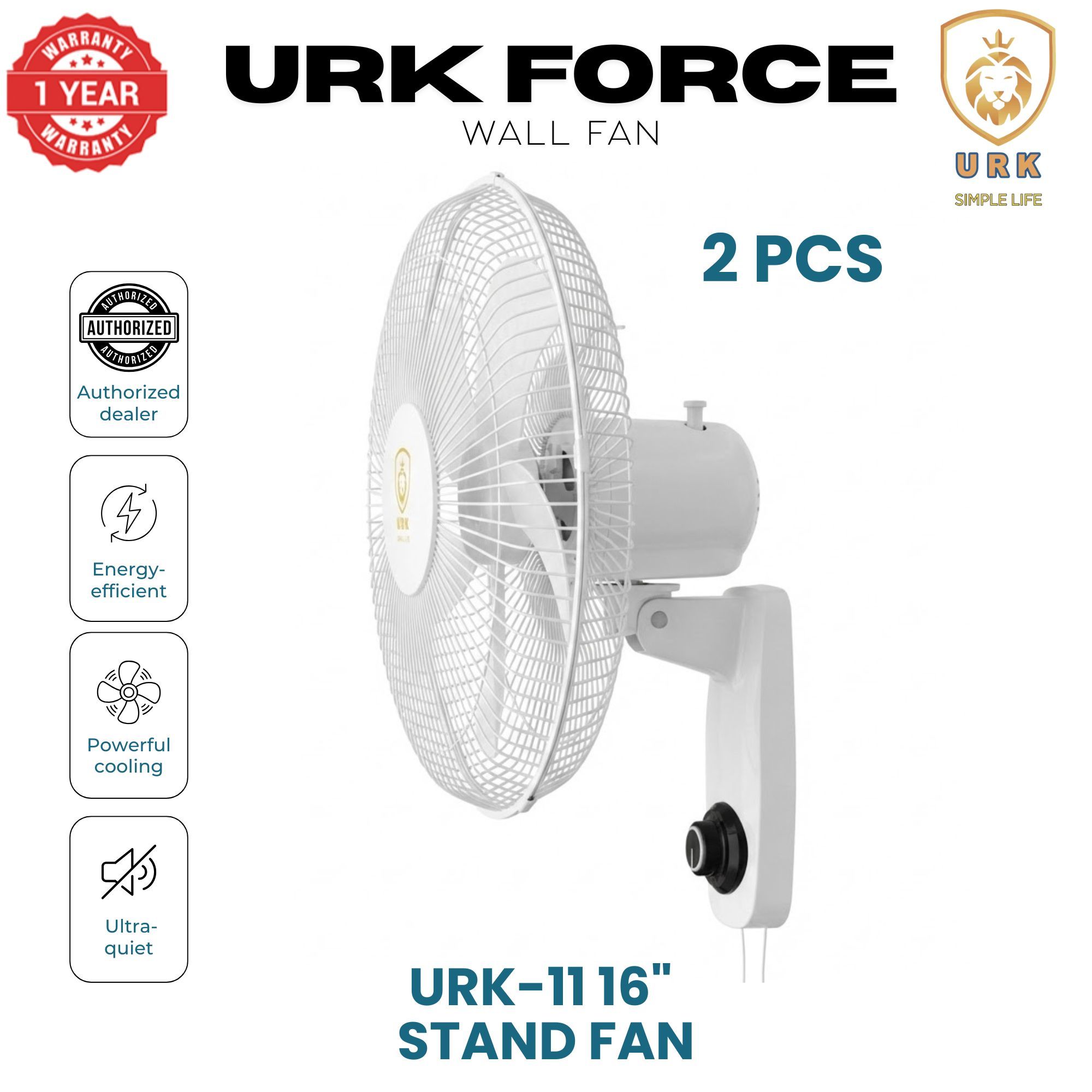 (2PCS) URK-11 16-Inch Wall Mounted Fan - High Power 60W - Super Quiet Operation - White