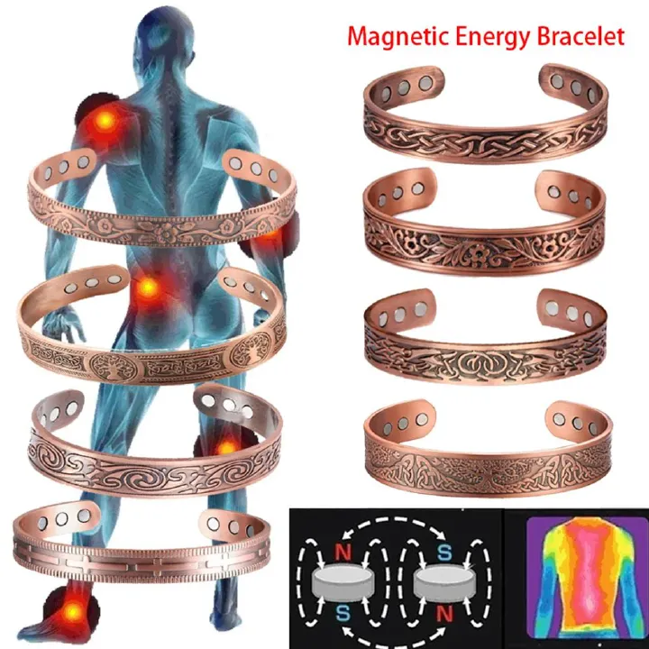 Zinc Alloy Magnetic Vintage Bracelet - Electroplated Antique Copper Bangle with Integrated Magnets, adjustable, vintage three-tree design and polished surface pattern series,Healthy and fashionable