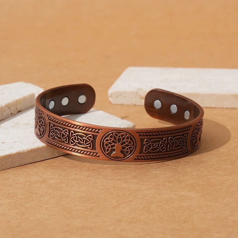 Zinc Alloy Magnetic Vintage Bracelet - Electroplated Antique Copper Bangle with Integrated Magnets, adjustable, vintage three-tree design and polished surface pattern series,Healthy and fashionable