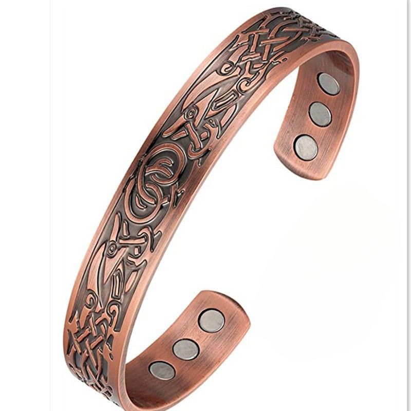 Zinc Alloy Magnetic Vintage Bracelet - Electroplated Antique Copper Bangle with Integrated Magnets, adjustable, vintage three-tree design and polished surface pattern series,Healthy and fashionable