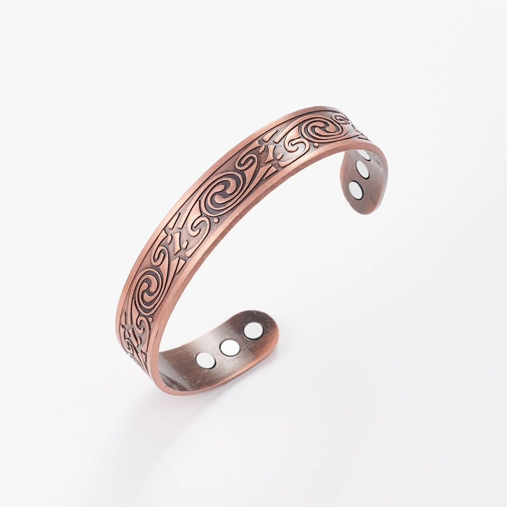 Zinc Alloy Magnetic Vintage Bracelet - Electroplated Antique Copper Bangle with Integrated Magnets, adjustable, vintage three-tree design and polished surface pattern series,Healthy and fashionable