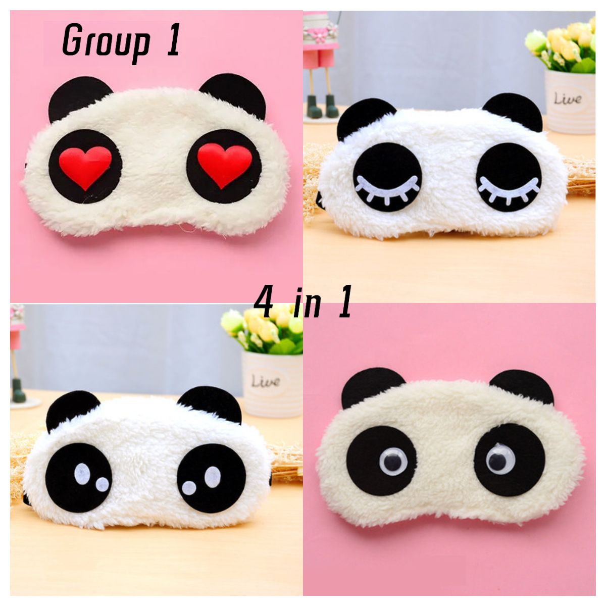 4 pcs Cute Panda Sleeping Mask, Soft Fluffy Plush Blindfold Funny Novelty Animal Sleep Mask Eye Cover Eyeshade for Kids Girls Boys Women Men Night Nap Travel Meditation(Black & White, Panda)