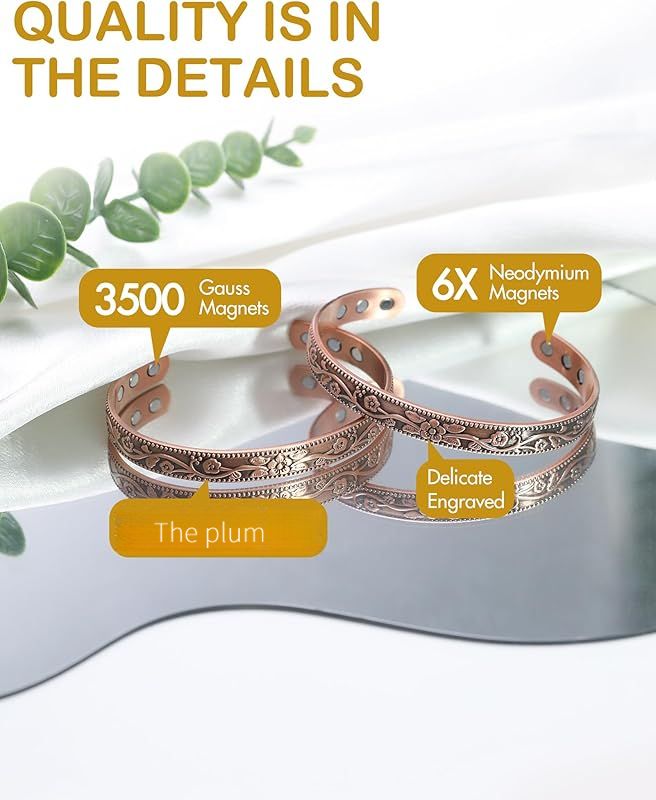 Copper Bracelet for Men and Women, 99.9% Pure Copper Magnetic Bangle with 6pcs 3500 Gauss Pure Copper Magnet-Infused Health Bracelet - Unisex Blessing Pattern Bangle, Ideal for Personal Use or Gifting