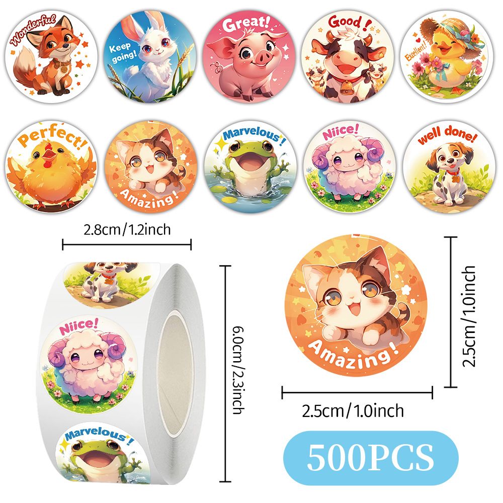 500pcs Animal Stickers for Kids English Design for Kids Reward,Self-Adhesive Sealing Stickers,Washi Tape for Journal Supplies & DIY Craft  for Toddlers 2-4 School Supplies (1.0 Inch)
