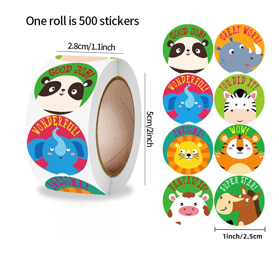 500pcs Animal Stickers for Kids English Design for Kids Reward,Self-Adhesive Sealing Stickers,Washi Tape for Journal Supplies & DIY Craft  for Toddlers 2-4 School Supplies (1.0 Inch)